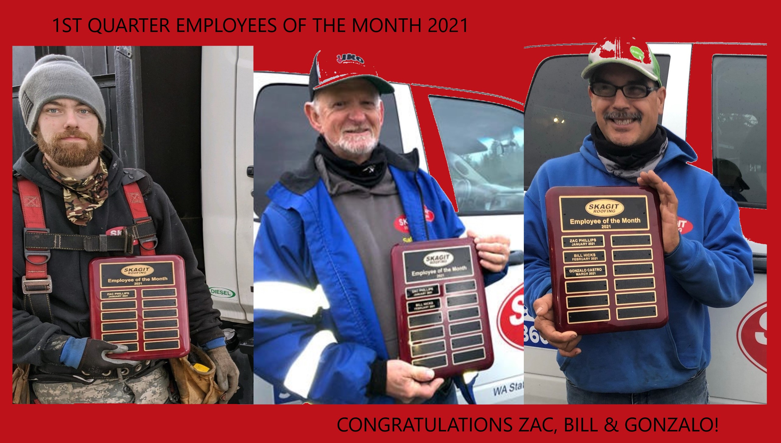 Skagit roofing employees holding up Employee of the Month awards