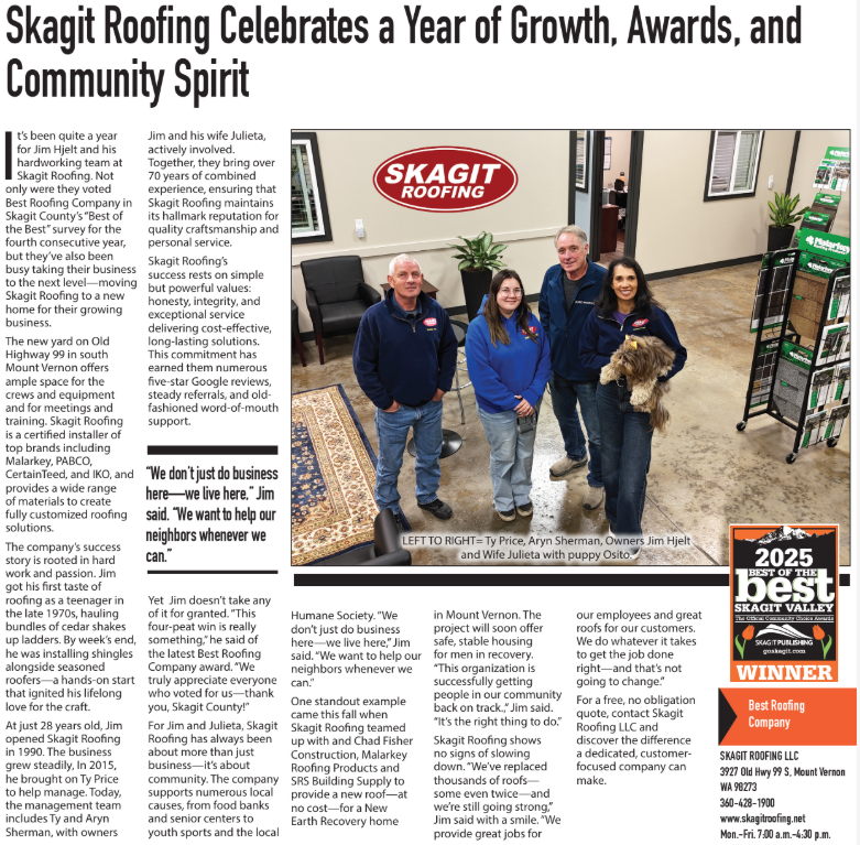 Skagit Roofing Celebrates a Year of Growth, Awards, and Community Spirit